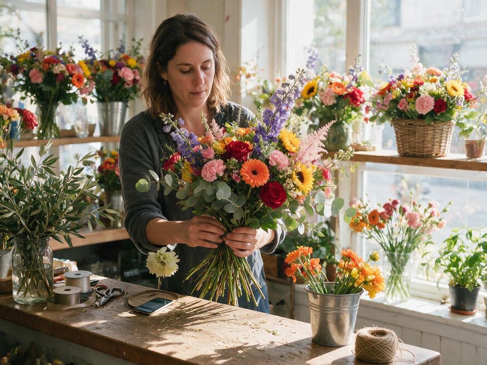 Florist arranging a bouquet at her shop counter while her phone sits on the bench beside her