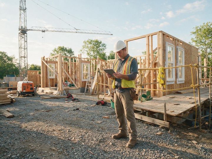 Contractor reviewing numbers on a tablet at a job site