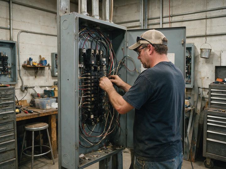 Electrician working inside an open electrical panel