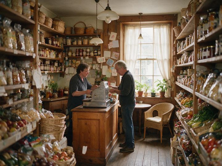 Shop owner helping a customer at the counter
